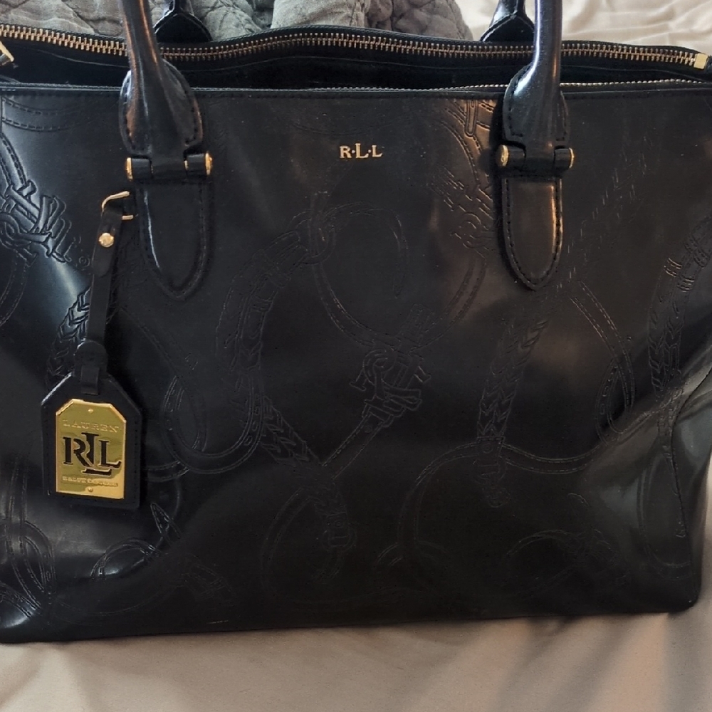 Lauren Ralph Lauren (LRL) black patent leather satchel Purse Equestrian Pattern